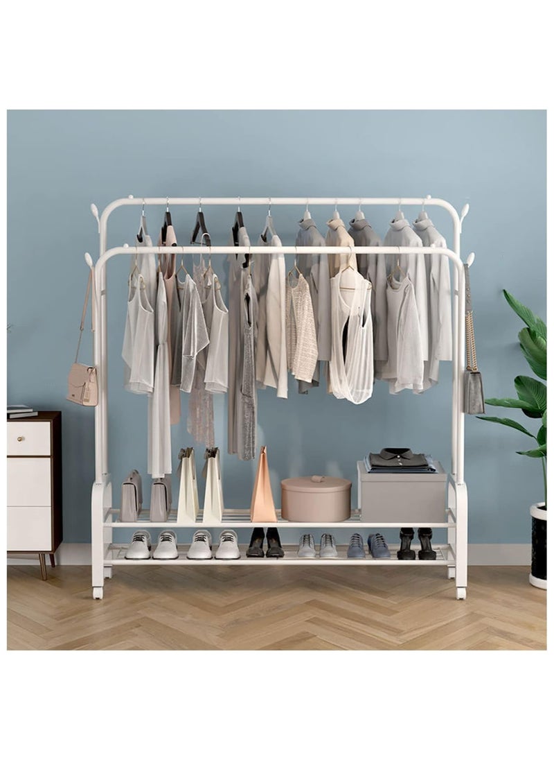 Multi-Purpose Clothing Garment Rack with Shelves Heavy Duty Metal Clothes Stand Rack with Rod, Lower Storage Shelf, and Shoe Bench Storage Stand