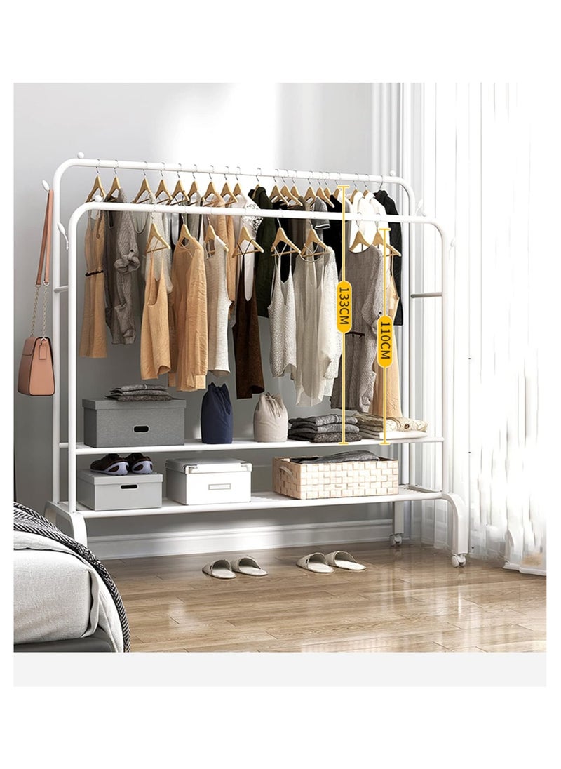 Multi-Purpose Clothing Garment Rack with Shelves Heavy Duty Metal Clothes Stand Rack with Rod, Lower Storage Shelf, and Shoe Bench Storage Stand