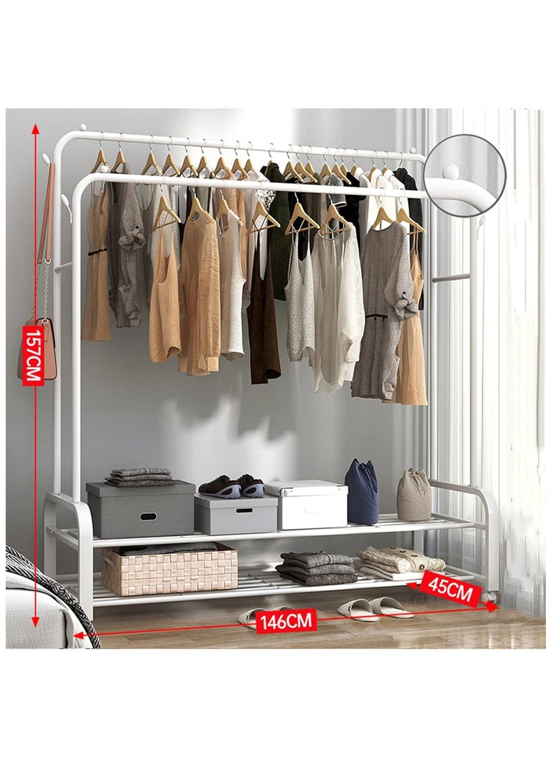 Multi-Purpose Clothing Garment Rack with Shelves Heavy Duty Metal Clothes Stand Rack with Rod, Lower Storage Shelf, and Shoe Bench Storage Stand