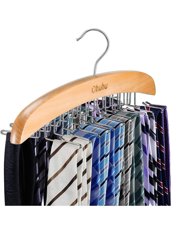 Tie Rack,  24 Hook Holder Tie Hanger Organizer for Closet Wooden Belt Storage Rack for Men Ties Belts Scarves Accessories