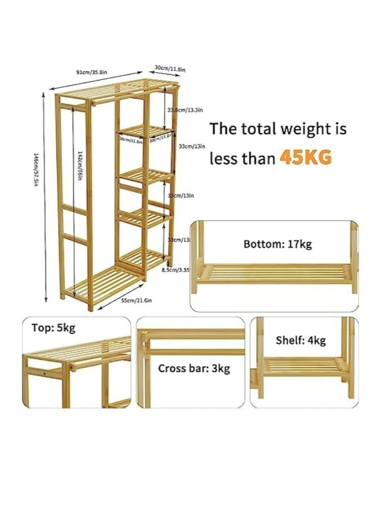 Bamboo Open Wardrobe Coat Rack Wooden Clothes Rod Hanger Freestanding 6-Layer Wardrobe Storage Rack