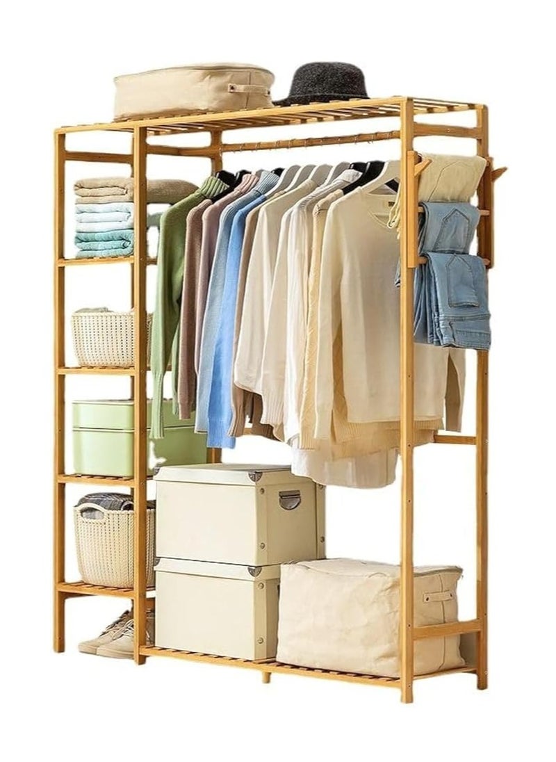 Bamboo Open Wardrobe Coat Rack Wooden Clothes Rod Hanger Freestanding 6-Layer Wardrobe Storage Rack