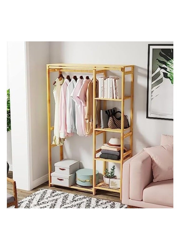 Bamboo Open Wardrobe Coat Rack Wooden Clothes Rod Hanger Freestanding 6-Layer Wardrobe Storage Rack