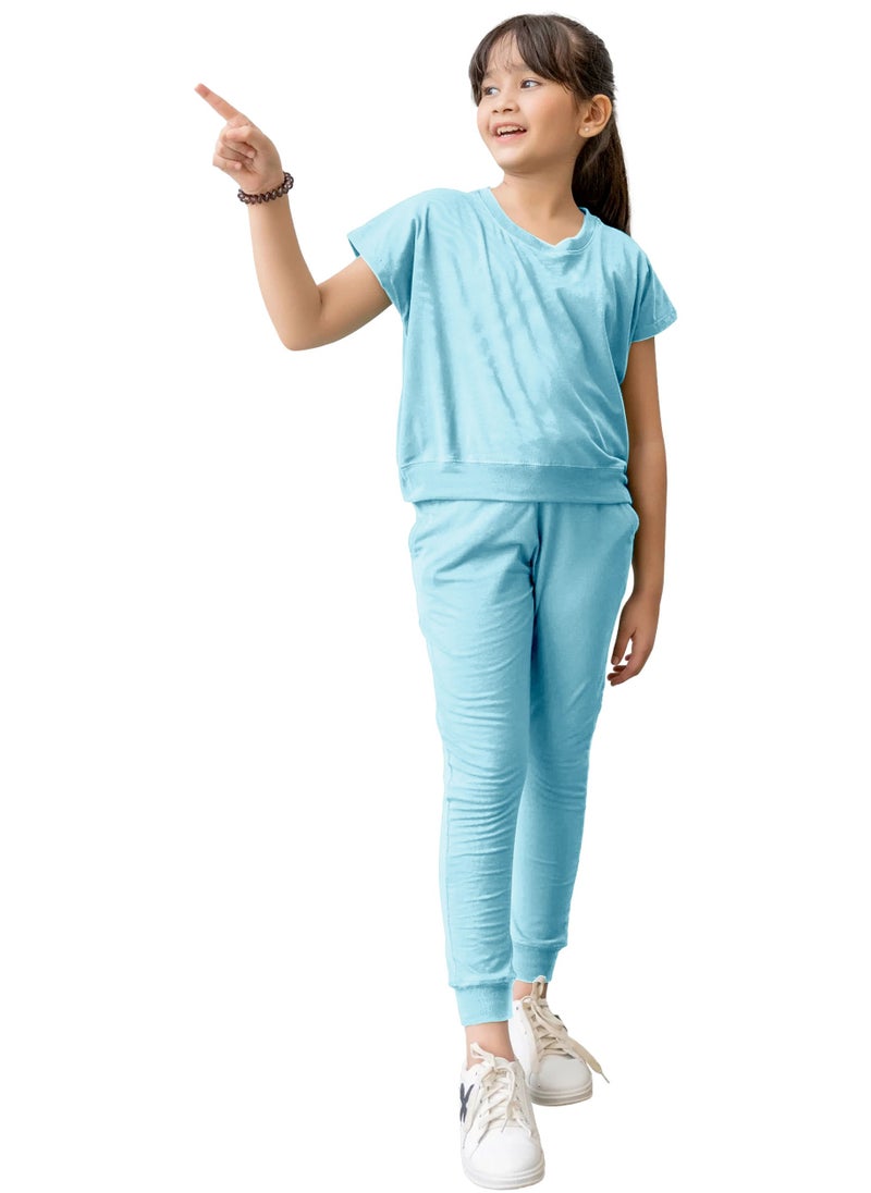 Kids Girls Sky Blue T-Shirt Top & Legging Set Soft Stretchable Cotton Casual Outfit Comfortable & Stylish Everyday Wear Co-Ord Set