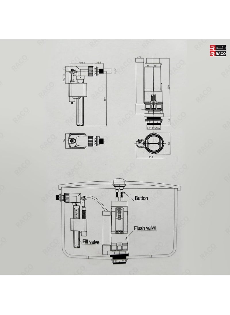 RACO Angel Cistern Fittings Universal Toilet Tank Repair Kit | Durable Fill Valve, Flush Valve, and Accessories| Efficient Water Flow and Leak Prevention ½ Inch (Side (CFSH2000))