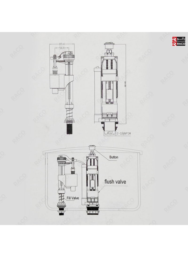 RACO Angel Cistern Fittings Universal Toilet Tank Repair Kit | Durable Fill Valve, Flush Valve, and Accessories| Efficient Water Flow and Leak Prevention ½ Inch (Bottom (CFBH2000))