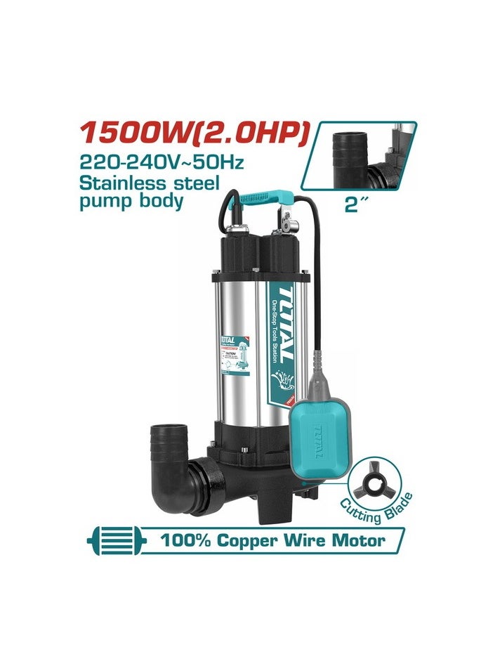 Total Submersible Sewage Water Pump 1500W (2.0HP) - Max Head 14.5m, 350L/min Flow Rate, Stainless Steel & Cast Iron Construction, Built-in Cutting Blade, 9m Cable, for Dirty Water Removal, with Control Box