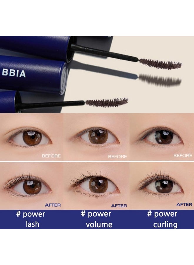 Bbia Never Die Mascara 2 Color - Power Volumizing & Lengthening, Curling, Fixing Lashes, Intense Length, Feathery Soft Full Lashes, No Smudging & Clumping, Waterproof, K-Beauty (02 Power Brown)