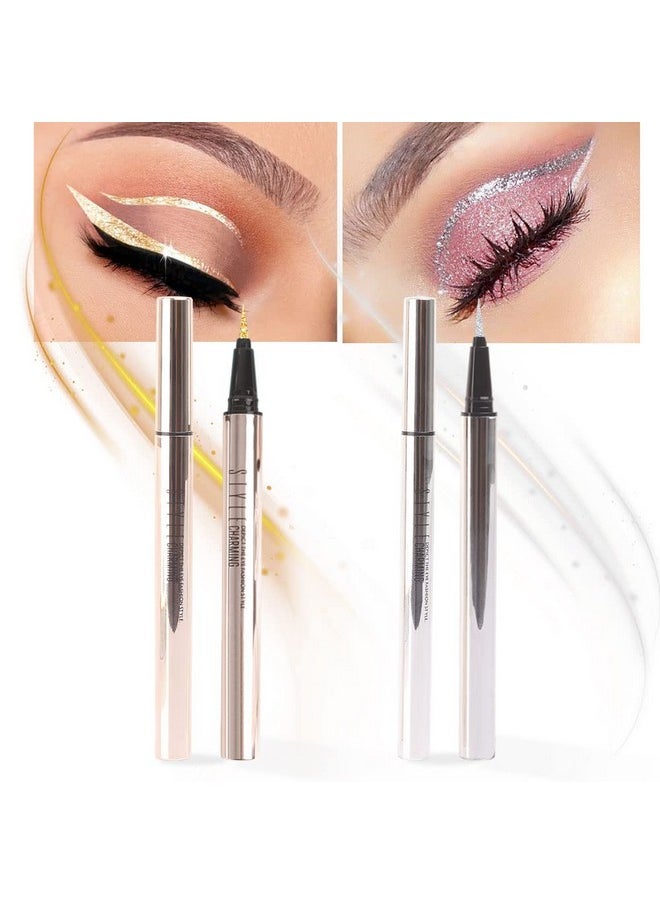 2Pcs Glitter Sparkling Shimmer Silver & Gold Liquid Eyeliner Makeup Pen Set, Metallic Satin Finish Colorful Colored Sparkle Eye Liner Pen Waterproof Smudge Proof Long Lasting High Pigmented 07