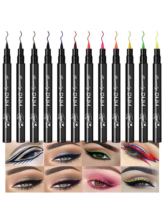 12Pcs Colors Matte Waterproof Colored Liquid Eyeliner Colorful Set Rainbow Colorful Neon Winged Eyeliner Stamp Shapes Delineador De Ojos De Colores Red Orange Pink Black Blue Liquid Eye Liners