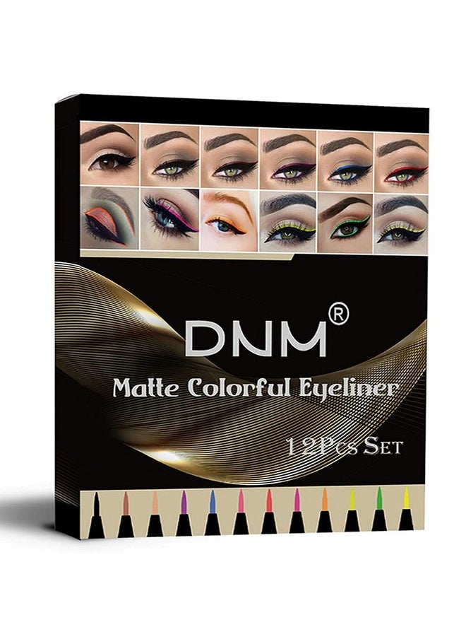 12Pcs Colors Matte Waterproof Colored Liquid Eyeliner Colorful Set Rainbow Colorful Neon Winged Eyeliner Stamp Shapes Delineador De Ojos De Colores Red Orange Pink Black Blue Liquid Eye Liners