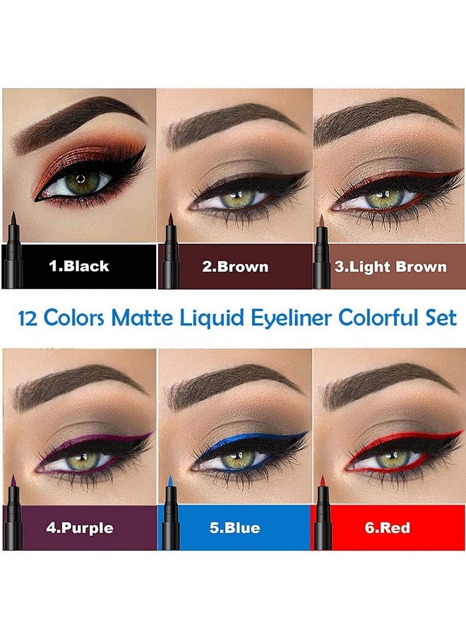 12Pcs Colors Matte Waterproof Colored Liquid Eyeliner Colorful Set Rainbow Colorful Neon Winged Eyeliner Stamp Shapes Delineador De Ojos De Colores Red Orange Pink Black Blue Liquid Eye Liners