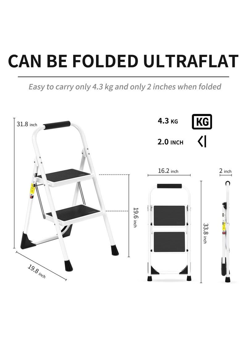 Step Ladder, 2 Steps Full Steel Folding Step Stool, XICEN Sturdy Small Step Stool for Adults,Closet Step Stool Ladder with Anti-Slip Wide Pedals, Multi-use Kitchen Ladder for Home (White)