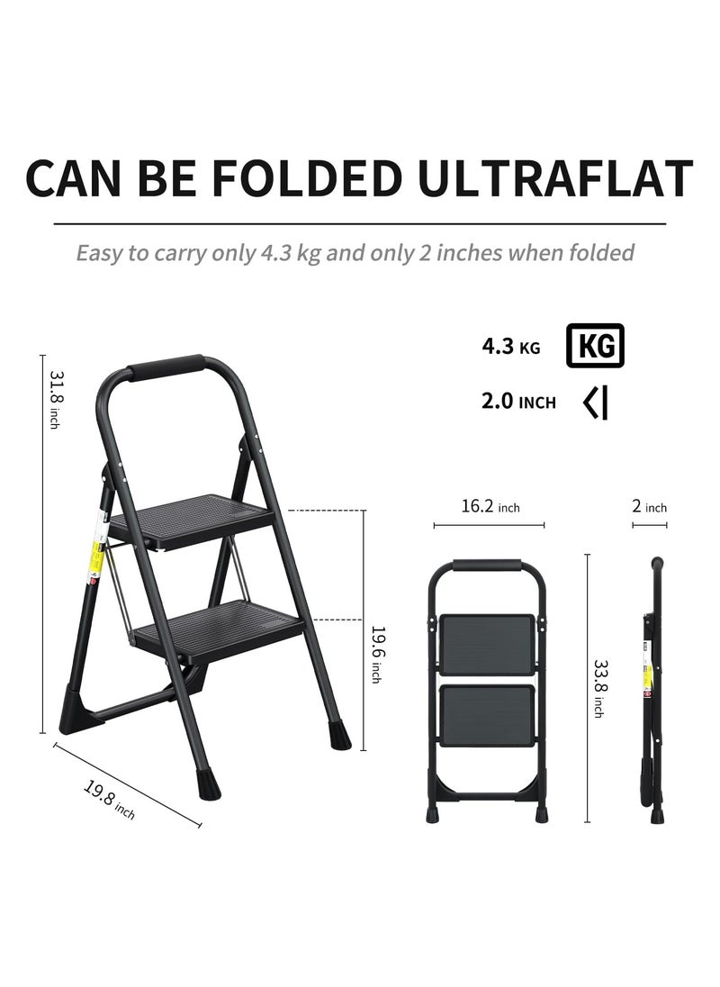 XICEN 2 Step Ladder, Black Aluminum Folding Ladder Stool, Wider Upgraded Non-Slip Treads, Portable Lightweight Ladder for Home and Kitchen, Holds up to 150KG