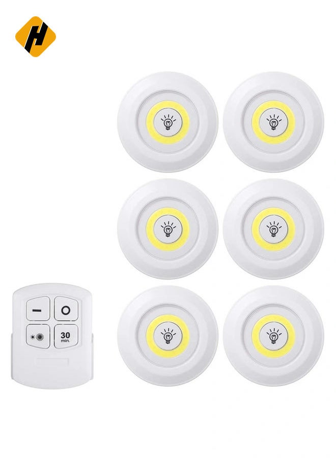 1W COB LED Puck Light 6 Pack with Remote Controller Brightness Adjustable Wireless Dimmable Touch Sensor Control Night Lamp Under Cabinet Lighting Battery Powered Operated for Cabinet Wall