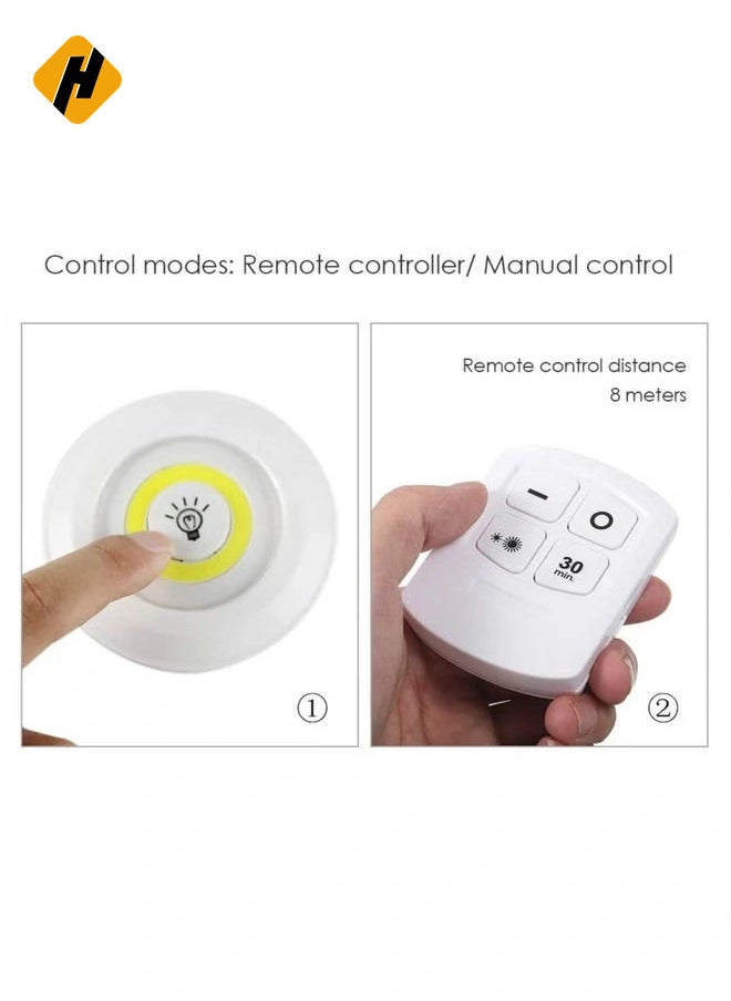1W COB LED Puck Light 6 Pack with Remote Controller Brightness Adjustable Wireless Dimmable Touch Sensor Control Night Lamp Under Cabinet Lighting Battery Powered Operated for Cabinet Wall