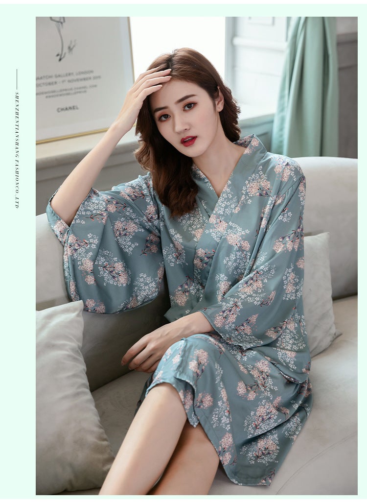 Womens Summer Ice Silk Kimono Robe Light blue (silky artificial silk)