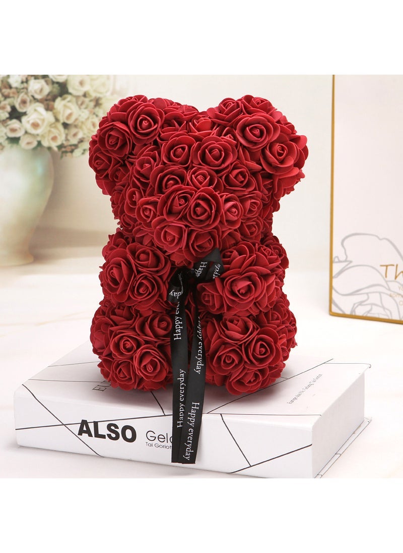 Valentines Day Gift Creative 25cm Rose Flower Bear Gift Box PE Flower Romantic Foam Bear Hugging Bear Wine Red + pvc gift box