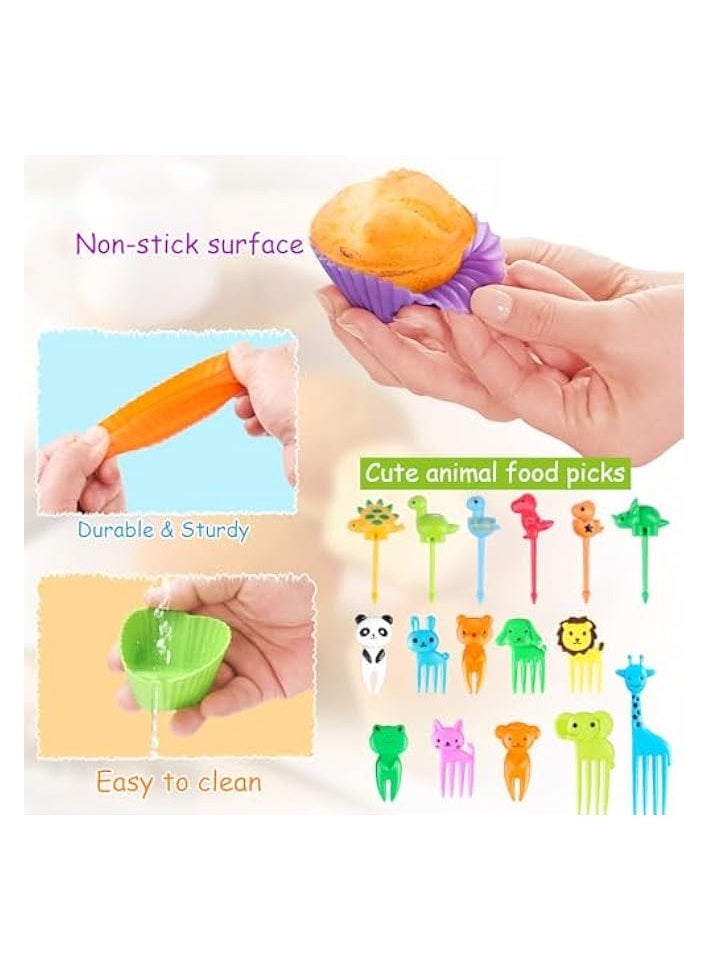 80PCS Silicone Lunch Box Dividers for Kids Lunch Accessories Set, Including 24 Reusable Silicone Cupcake Liners Baking Muffin Cups with 56 Animal Food Picks for Kids, Lunchbox Bento Box Accessories