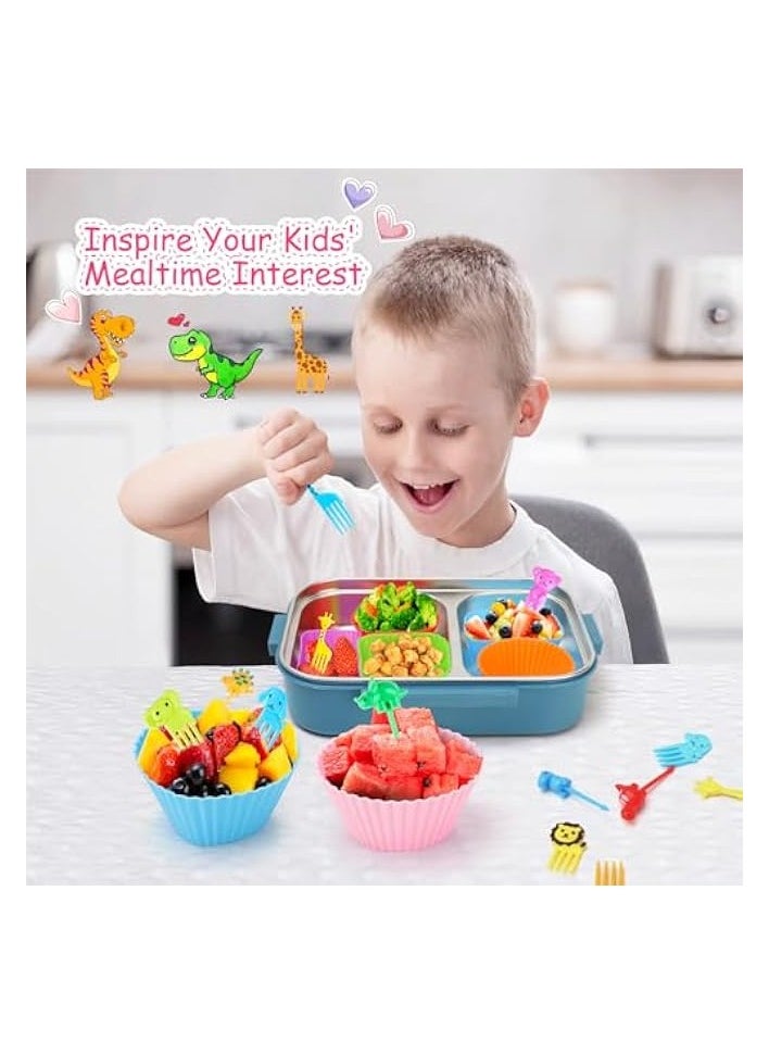 80PCS Silicone Lunch Box Dividers for Kids Lunch Accessories Set, Including 24 Reusable Silicone Cupcake Liners Baking Muffin Cups with 56 Animal Food Picks for Kids, Lunchbox Bento Box Accessories