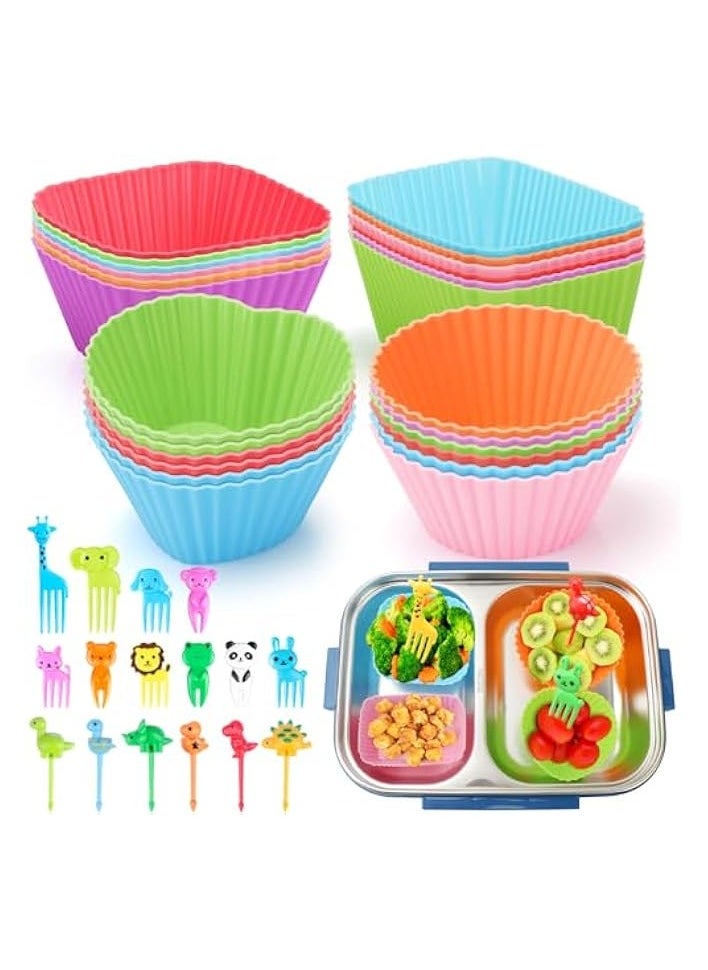 80PCS Silicone Lunch Box Dividers for Kids Lunch Accessories Set, Including 24 Reusable Silicone Cupcake Liners Baking Muffin Cups with 56 Animal Food Picks for Kids, Lunchbox Bento Box Accessories