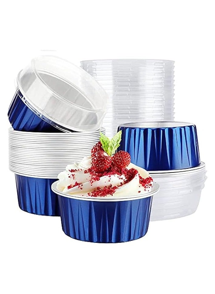 Aluminum Pans with Lids, 50pcs 5oz Disposable Aluminum Foil Cupcake Liners Ramekins Baking Cups, Dessert Cups with Lids Aluminum Foil Cupcake Holders Cheesecake Pan Dessert Containers (Blue)