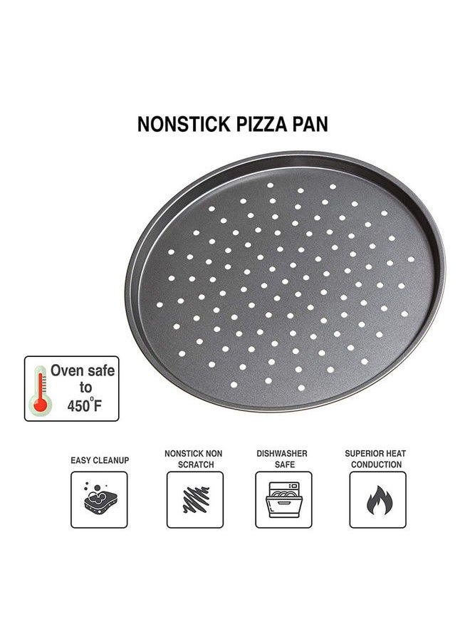 3-Piece Round Pizza Crisper Pan With Wheel Cutter Set Black 12.6inch