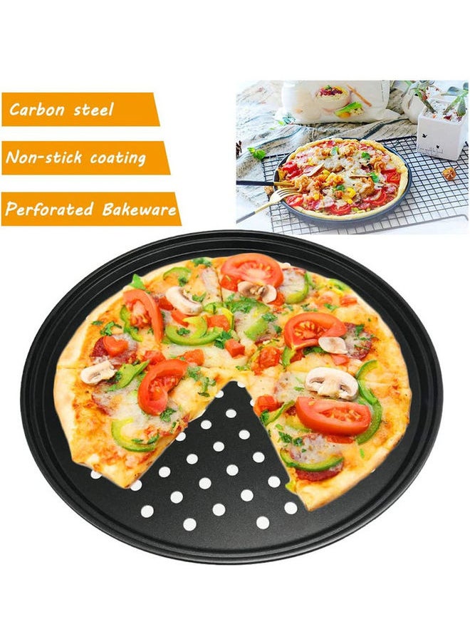 3-Piece Round Pizza Crisper Pan With Wheel Cutter Set Black 12.6inch