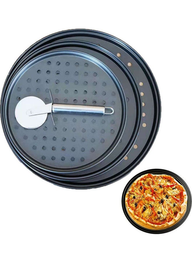 3-Piece Round Pizza Crisper Pan With Wheel Cutter Set Black 12.6inch