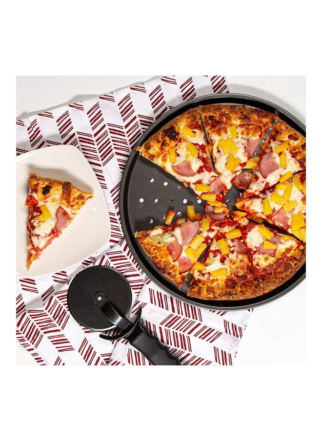 3-Piece Round Pizza Crisper Pan With Wheel Cutter Set Black 12.6inch