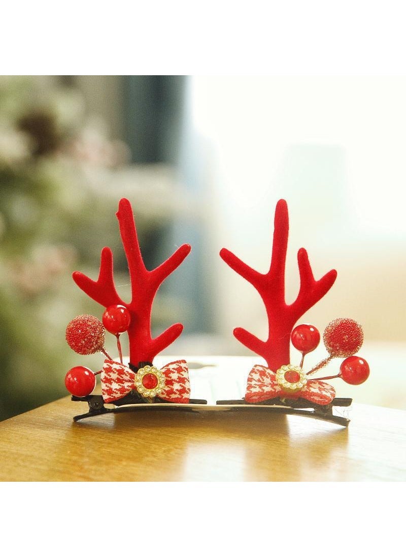 1 x 5 pcs 2024 Reindeer Antler Hair Clips Cute Christmas Accessories Red Bow antler clip