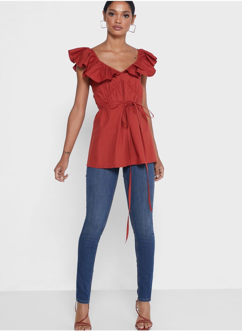 Azana Tie Waist Ruffle Detail Plunge Top