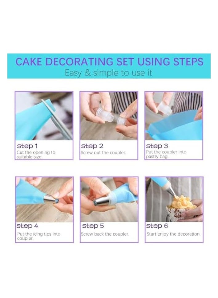 25 Pcs Cake Decorating Kits with Piping Bags and Tips - Includes 14 Stainless Steel Baking Nozzles, 2 Reusable Silicone Pastry Bags, 3 Icing Smoothers, 2 Couplers, Ties & Cupcake Molds