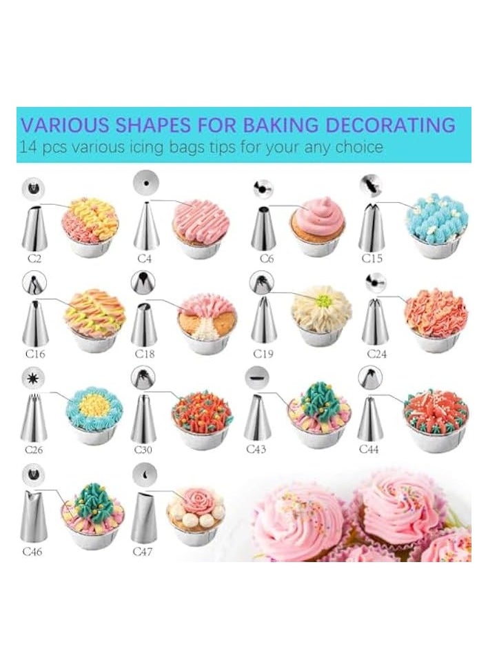 25 Pcs Cake Decorating Kits with Piping Bags and Tips - Includes 14 Stainless Steel Baking Nozzles, 2 Reusable Silicone Pastry Bags, 3 Icing Smoothers, 2 Couplers, Ties & Cupcake Molds