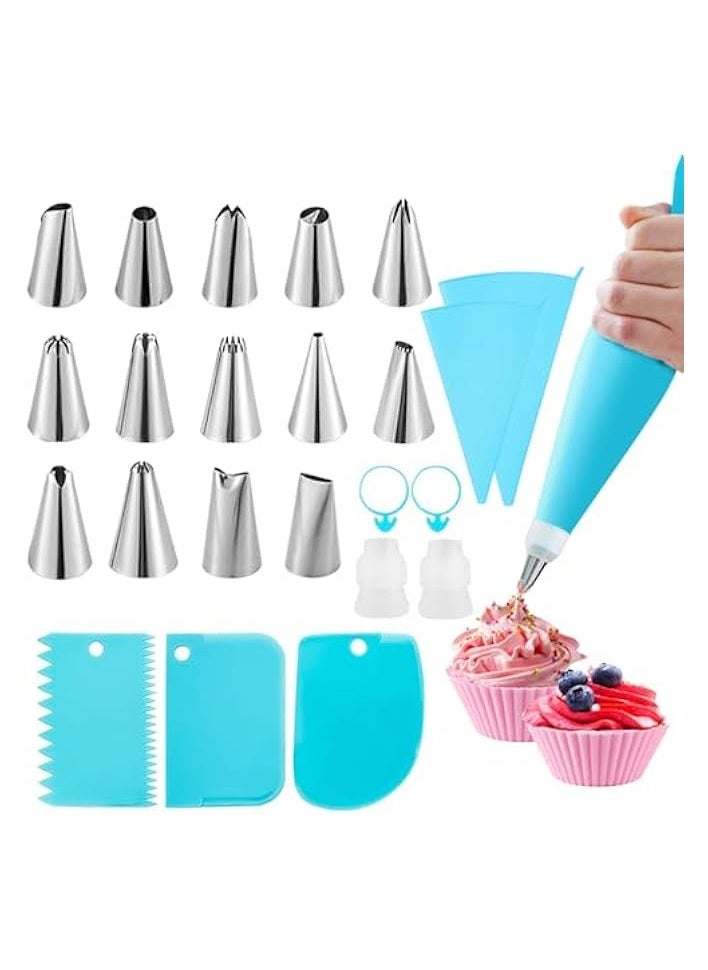 25 Pcs Cake Decorating Kits with Piping Bags and Tips - Includes 14 Stainless Steel Baking Nozzles, 2 Reusable Silicone Pastry Bags, 3 Icing Smoothers, 2 Couplers, Ties & Cupcake Molds