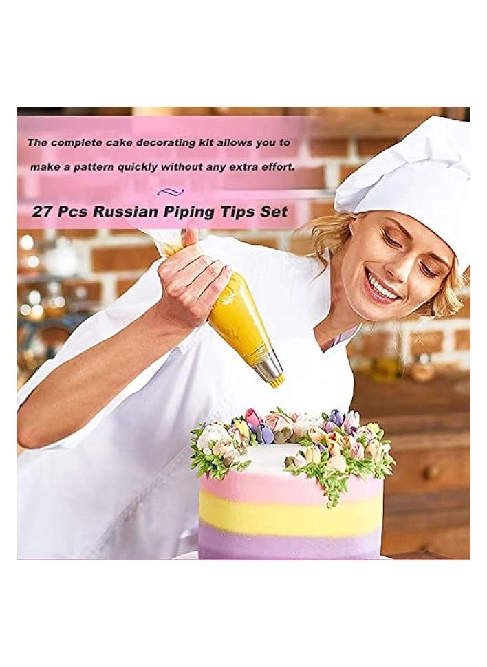 27 Pcs Russian Piping Tips Set, Cake Decorating Tips Baking Supplies for Cupcake Cookies Birthday Party (12 Icing Tips 10 Pastry Baking Bags 2 Leaf Piping Tips 2 Couplers 1 Silicone Bag)