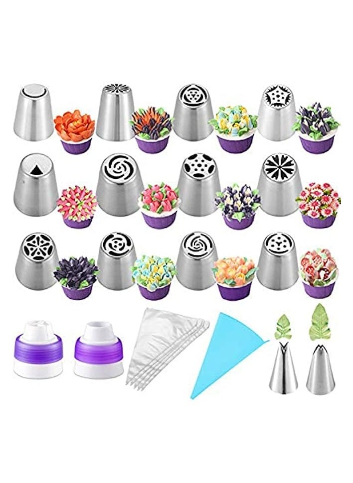 27 Pcs Russian Piping Tips Set, Cake Decorating Tips Baking Supplies for Cupcake Cookies Birthday Party (12 Icing Tips 10 Pastry Baking Bags 2 Leaf Piping Tips 2 Couplers 1 Silicone Bag)