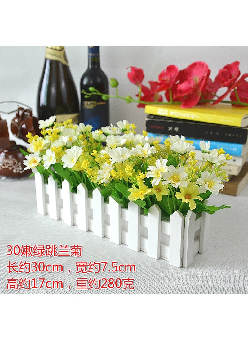 Home Living Room Decoration Flower Simulation Plant Set Flower Decoration Wooden Fence Fake Flower Decoration Small Potted Plant Window 30 White + Sunset Star Bud