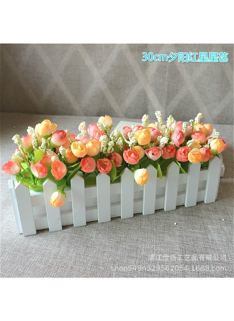 Home Living Room Decoration Flower Simulation Plant Set Flower Decoration Wooden Fence Fake Flower Decoration Small Potted Plant Window 30 White + Sunset Star Bud