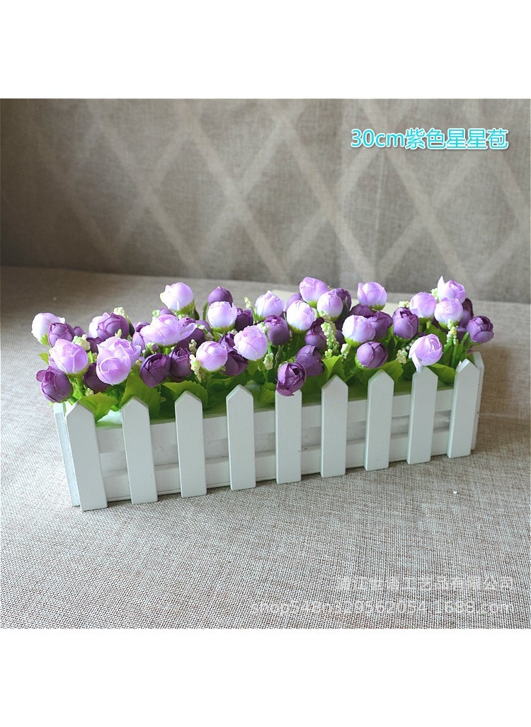 Home Living Room Decoration Flower Simulation Plant Set Flower Decoration Wooden Fence Fake Flower Decoration Small Potted Plant Window 30 White + Sunset Star Bud