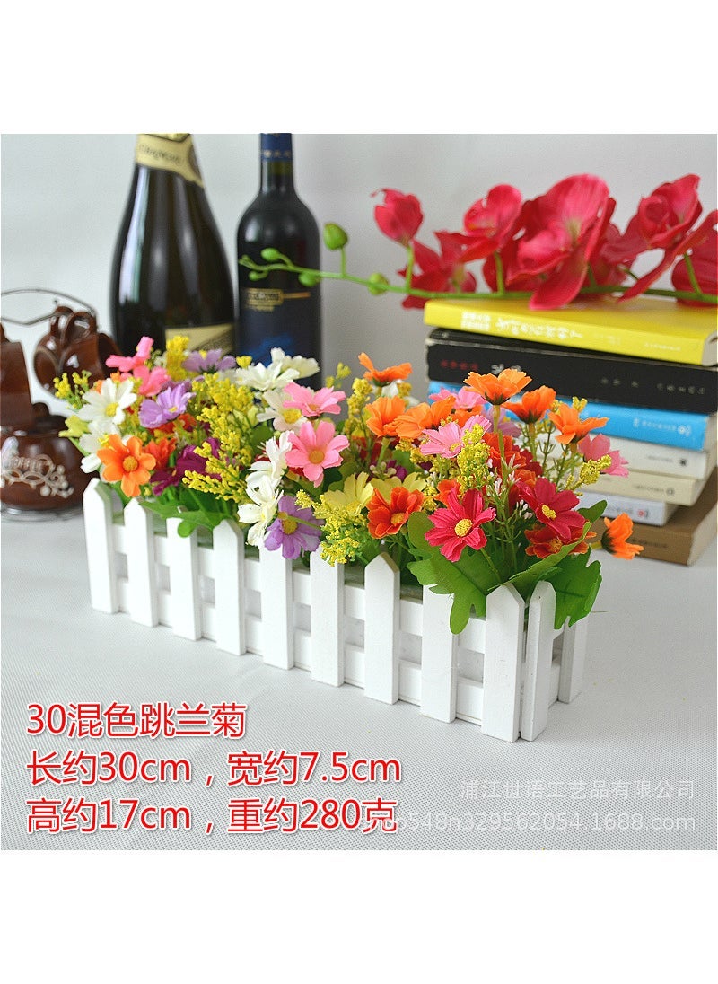 Home Living Room Decoration Flower Simulation Plant Set Flower Decoration Wooden Fence Fake Flower Decoration Small Potted Plant Window 30 White + Sunset Star Bud