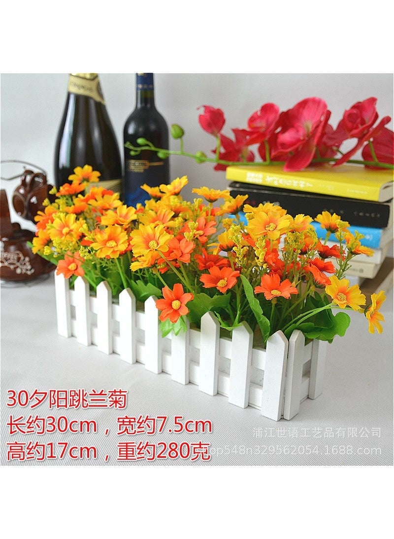 Home Living Room Decoration Flower Simulation Plant Set Flower Decoration Wooden Fence Fake Flower Decoration Small Potted Plant Window 30 White + Sunset Star Bud