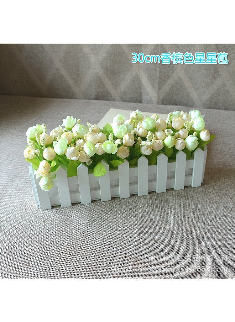 Home Living Room Decoration Flower Simulation Plant Set Flower Decoration Wooden Fence Fake Flower Decoration Small Potted Plant Window 30 White + Sunset Star Bud