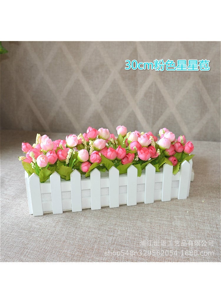 Home Living Room Decoration Flower Simulation Plant Set Flower Decoration Wooden Fence Fake Flower Decoration Small Potted Plant Window 30 White + Sunset Star Bud