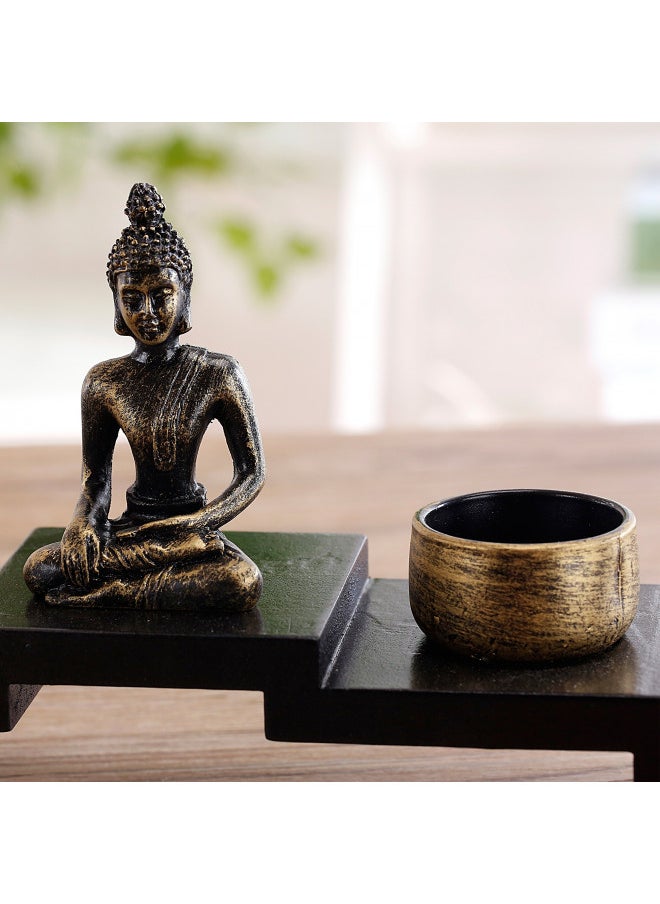 MyGift Mini Sitting Buddha Statue with Candle Holders, Zen Decor, Meditation Tealight Holder, with Small Altar Wood Shelf Base