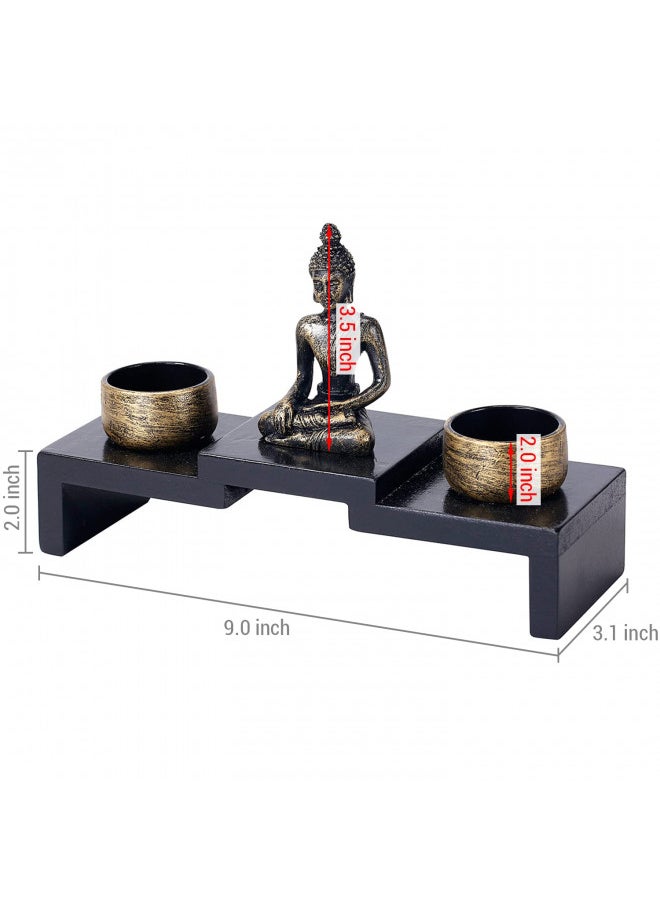 MyGift Mini Sitting Buddha Statue with Candle Holders, Zen Decor, Meditation Tealight Holder, with Small Altar Wood Shelf Base