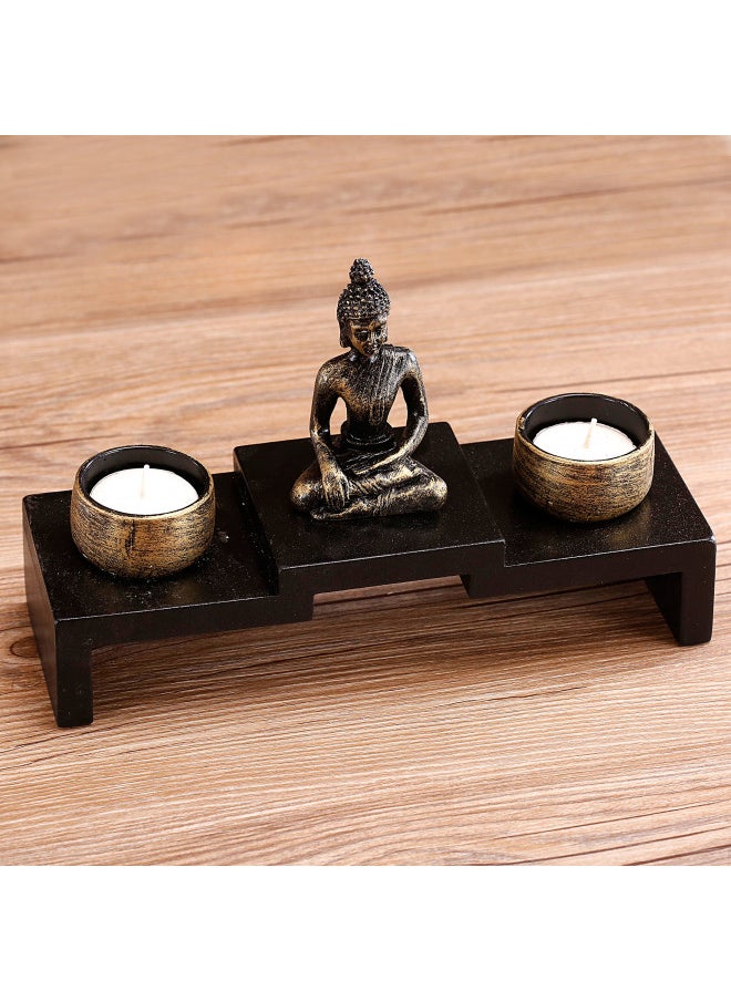 MyGift Mini Sitting Buddha Statue with Candle Holders, Zen Decor, Meditation Tealight Holder, with Small Altar Wood Shelf Base