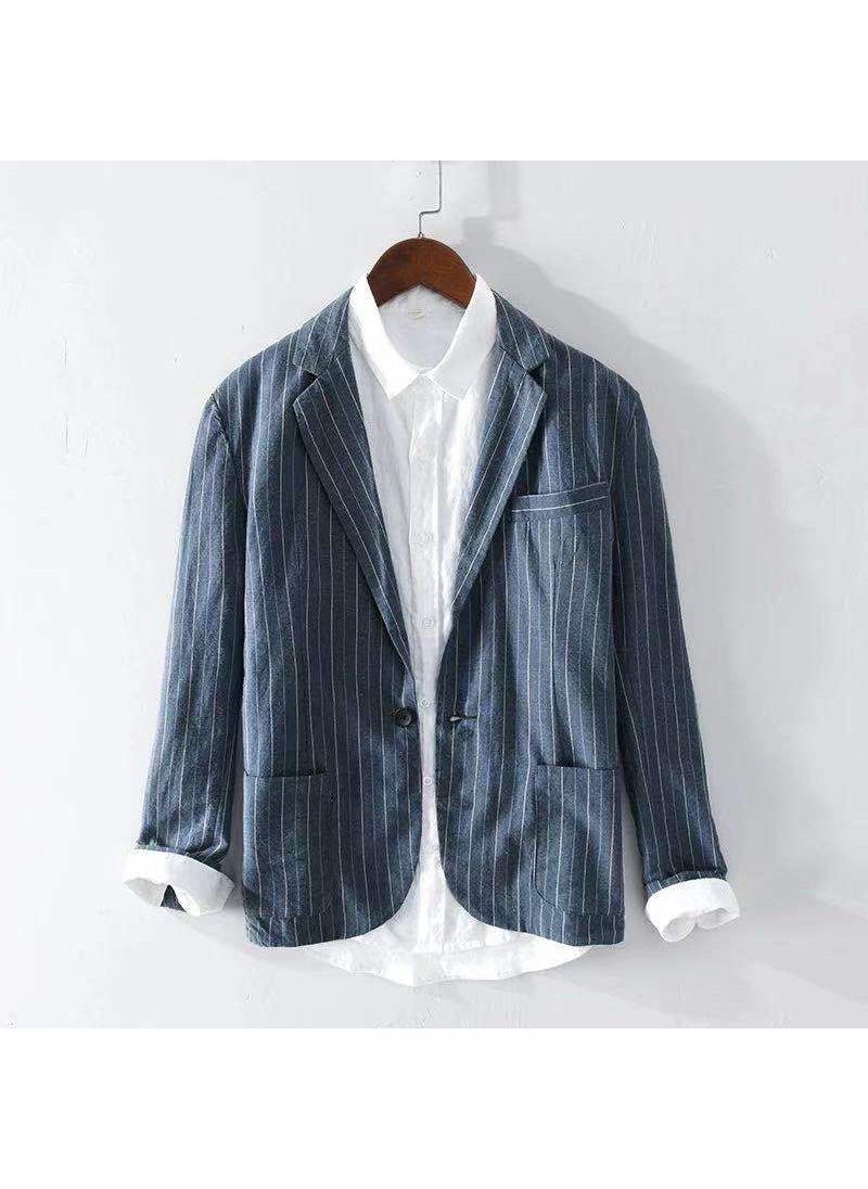 Mens Striped Casual Linen Blazer Loose Fit Navy blue stripes