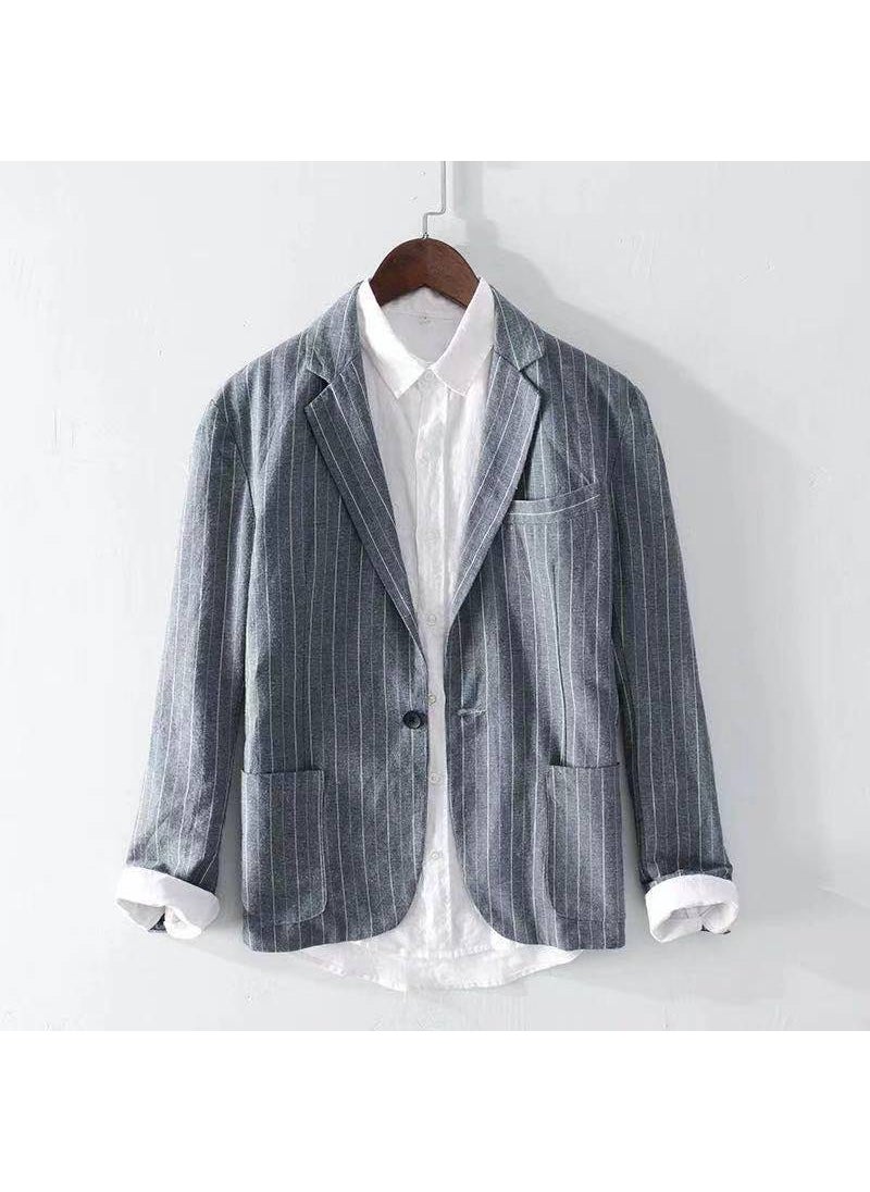 Mens Striped Casual Linen Blazer Loose Fit Gray stripe