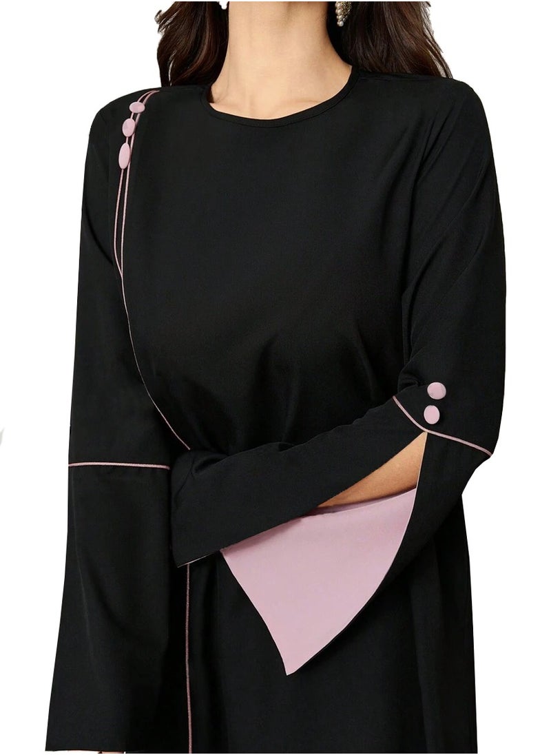 Modern Black Abaya with Soft Pink Contrast Details